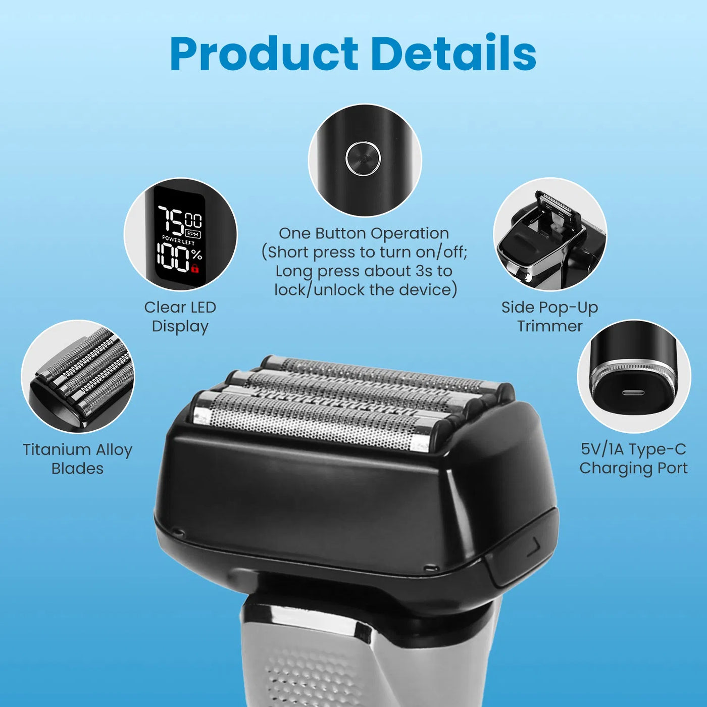 Electric Foil Face Shaver 5-Blade Electric Razor For Men, IPX6 Waterproof With LED Display Cleaning Brushes GPCT5466